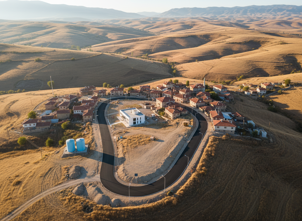 A sweeping aerial, photographic realism view of a small Turkish village gently nestled in a dry, hilly landscape, now visibly revitalized by new infrastructure. Freshly paved roads curve between stone houses with red-tiled roofs, and a small, modern community center with a bright white façade stands prominently near the center. Metallic glints from solar-powered streetlights line the main path, and two cylindrical water storage tanks painted a calming sky blue sit on the village edge. Captured under clear early-morning light, long, soft shadows define the contours of the terrain. The composition, taken from a bird’s-eye perspective with sharp focus, communicates resilience, long-term planning, and the broad impact of coordinated charitable projects.