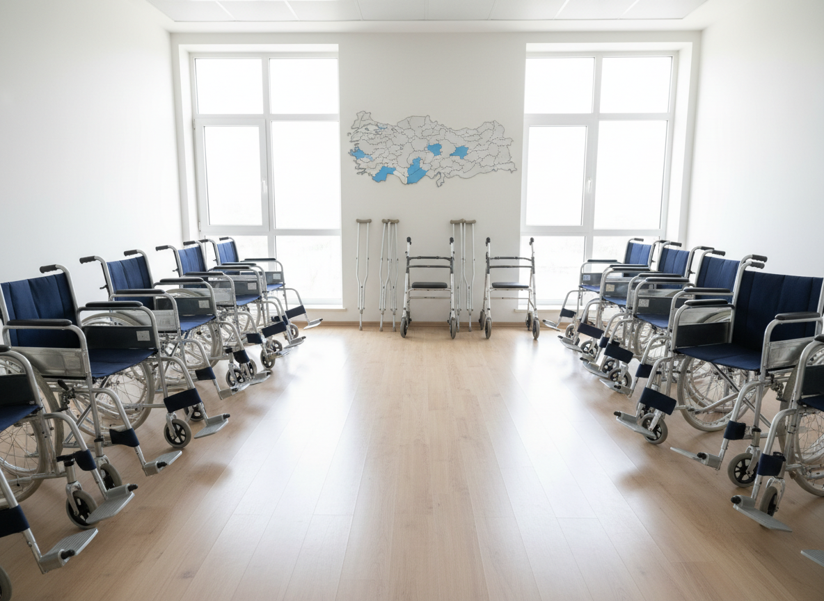 A bright, accessible rehabilitation room featuring a variety of mobility aids ready for distribution, rendered in photographic realism. Lightweight aluminum wheelchairs with cushioned seats, adjustable crutches with rubber tips, and neatly folded walkers are arranged in orderly rows on a clean, polished floor. Large windows allow gentle, natural daylight to wash across the room, creating soft reflections on metal surfaces and subtle shadows beneath the equipment. In the background, a clean white wall displays a simple map of Türkiye with highlighted underserved regions. Shot at eye level with a balanced, symmetrical composition, the mood is respectful and optimistic, emphasizing dignity, independence, and practical support for those with mobility challenges.