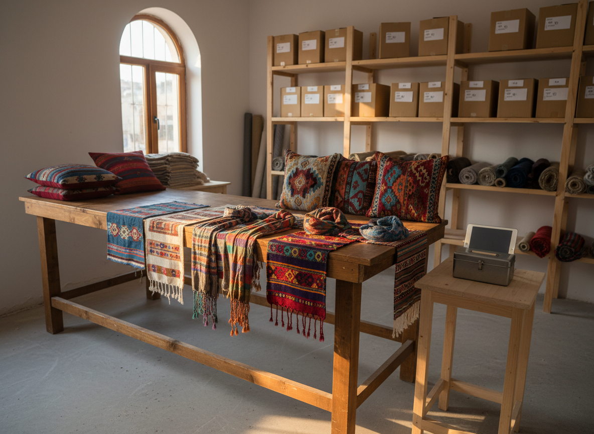 A modest, newly established small business workshop in a disadvantaged Turkish neighborhood, captured in photographic realism. In the center, a sturdy wooden workbench holds neatly arranged handmade textiles: colorful woven scarves, patterned cushions, and carefully folded table runners, each displaying intricate Anatolian motifs. Shelving along the walls carries labeled storage boxes and neatly rolled fabrics, while a simple cash box and a basic tablet device rest on a side table, hinting at modern support and training. Warm late-afternoon sunlight filters through a high window, casting soft golden highlights on the textiles and gentle shadows across the concrete floor. Framed using the rule of thirds with moderate depth of field, the atmosphere feels industrious, hopeful, and empowering, showcasing how micro-enterprises can transform local livelihoods.