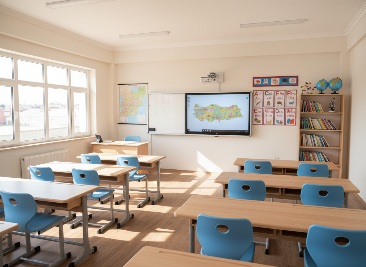 A detailed, photographic realism interior shot of a new classroom in a rural Turkish school supported by the charity. Smooth, light-colored desks with rounded corners are arranged in tidy rows, each paired with ergonomic chairs. At the front, a modern whiteboard is flanked by a simple Turkish map and a colorful alphabet chart in Turkish and English. Large, double-glazed windows on one side flood the room with soft, natural daylight, creating gentle shadows beneath the desks and a bright, airy feeling. A bookshelf in the back holds neatly arranged, multi-colored textbooks and basic science supplies. Framed at eye level with balanced composition and moderate depth of field, the scene feels orderly, welcoming, and full of academic promise for disadvantaged children.